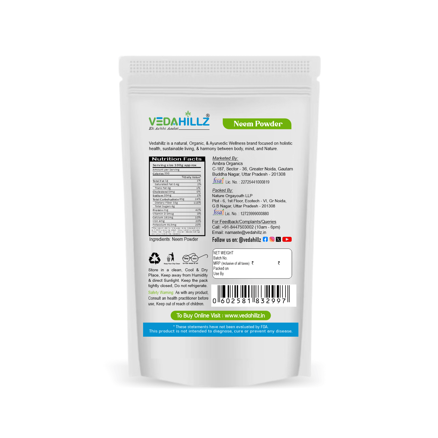 Vedahillz Neem Powder Made from Carefully Selected Neem Leaves